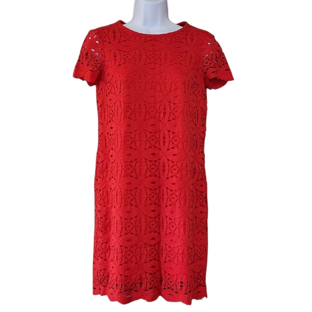 Maggy London Womens Shift Dress Size 2 Red Cap Sleeve Lace Overlay Lined Zip